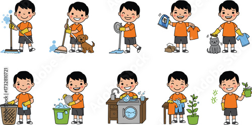 Cartoon boy doing household chores, cleaning floor, washing dishes, laundry, watering plants, helping parents, domestic work, hygiene, responsibility, home care