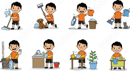 Cartoon boy doing household chores, washing dishes, cleaning floor, laundry, ironing clothes, helping parents, home care, responsibility, hygiene, daily routine