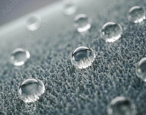 Extreme close-up macro view of clear water droplets sitting perfectly spherical on a nanotechnology-coated surface with tiny fibers.