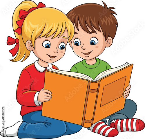 Cartoon children reading book together, happy kids sitting on floor, smiling boy and girl studying, education concept, childhood learning, knowledge sharing illustration