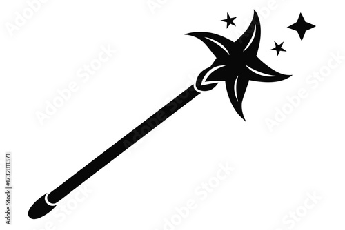 A black startipped wand emits small stars in a magical, isolated vector