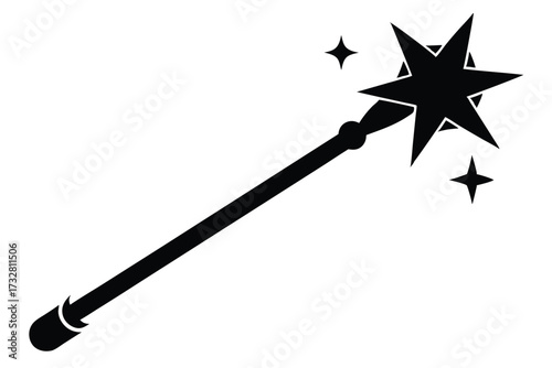 A simple black magic wand points upward emitting glittering sparkles on the clean backdrop
