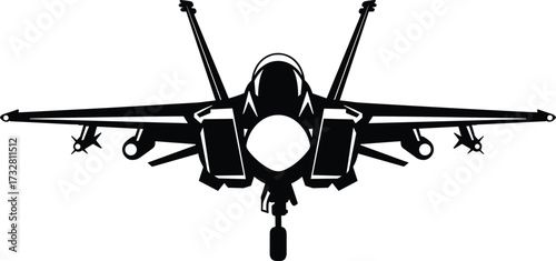 Front view military fighter jet silhouette with landing gear, missiles and cockpit, detailed vector illustration for aviation, air force, aircraft design concepts