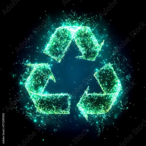 Glowing green recycling symbol in a dark space displayed as a digital art representation of sustainability - High Contrast