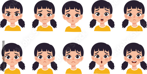 Cartoon girl facial expressions set, angry, sad, surprised, shocked, confused, crying, happy, emotional child illustration, kids emotions vector collection