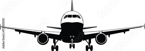 Front view silhouette of commercial passenger airplane with landing gear, wings extended, perfect for aviation, travel industry, airport, and airline vector design illustration