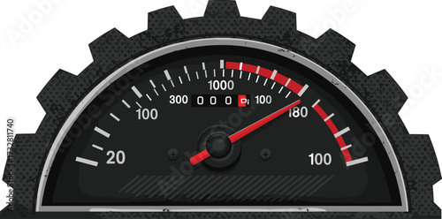 Half circular speedometer gauge vector illustration with gear frame, black background, red needle pointing high speed, automotive dashboard design, racing performance meter