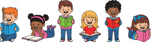 Diverse group of happy children reading books, cartoon illustration, kids studying together, education learning concept, smiling students enjoying colorful storybooks
