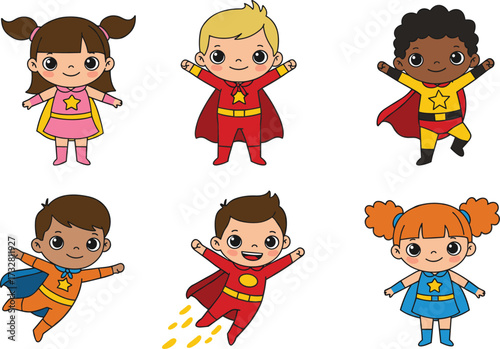 Cute superhero kids illustration, cartoon children in costumes, flying, smiling, boys and girls, teamwork, fantasy, comic style, hero characters, power