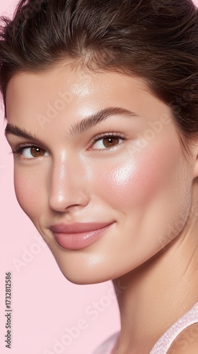 A close-up of a beautiful female, exudes natural radiance, highlighting delicate features and flawless skin. This image captures the essence of beauty, grace, and timeless elegance.