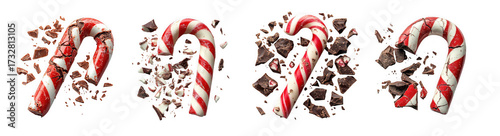 Four candy canes exploding into pieces with chocolate crumbs, isolated on transparent background