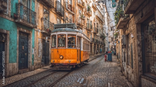Vintage orange tram traveling through narrow cobblestone street surrounded by colorful historic buildings with ornate balconies in European city
