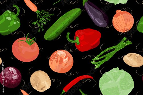 Seamless food background with sweet bell peppers,cucumber,potato,onion,garlic,asparagus,tomato,chili pepper,eggplant. Vector vegetable illustration in flat style.
