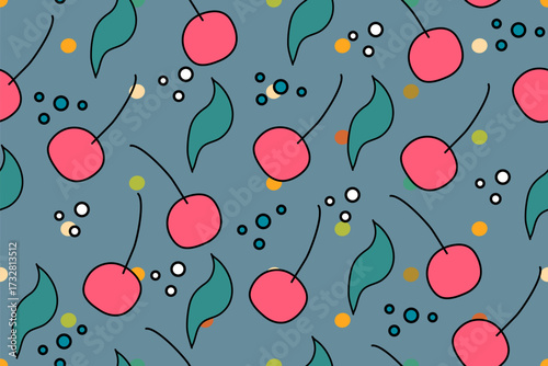 Abstract seamless pattern with the cherries on light blue background. Can be used for fabric,fashion print,cloth, textile,tile,wrapping,covers,carpet and decor paper.