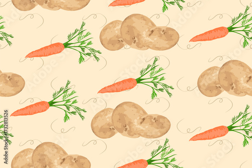 Carrot and Potatoes Vegetable seamless pattern. Vegetarian healthy bio food background, Vegan organic eco products. Vector illustration.