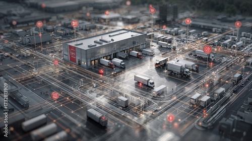 Modern logistics warehouse facility with smart technology tracking system showing delivery trucks and digital network connections in aerial view perspective