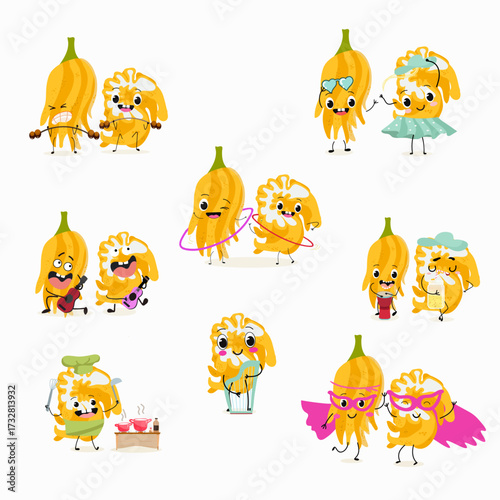 Buddha's hand fruit funny characters, hand drawn vector illustration.