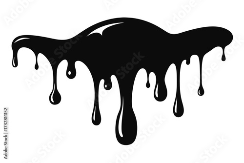 Black viscous fluid drips from above creating dramatic effect against white background
