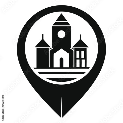 Isolated black destination pointer displays an icon featuring church building structures within it