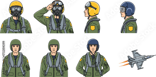 Military jet fighter pilots in various helmets and flight suits, aviation crew illustration, air force personnel vector set, pilot equipment design artwork