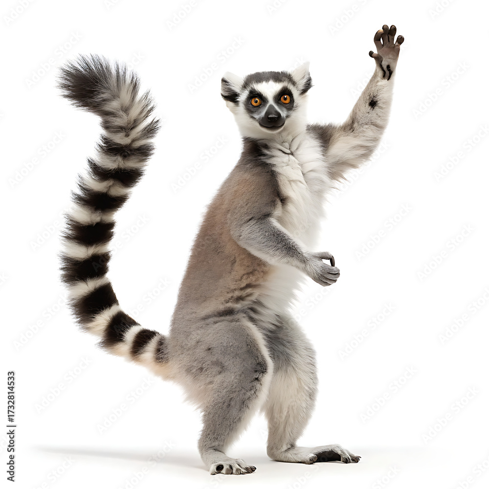 Obraz premium A ring tailed lemur standing on its hind legs with its arm raised against a white background studio shot