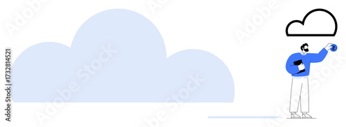 Man holding tablet places data icon into cloud, symbolizing digital storage, backup, and technology. Ideal for cloud computing, data transfer, innovation, security, teamwork internet simple flat