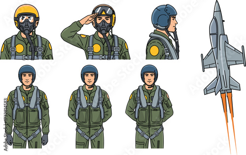 Military jet fighter pilots wearing helmets and flight suits, side and front views, saluting gesture, fighter jet aircraft illustration, aviation vector set