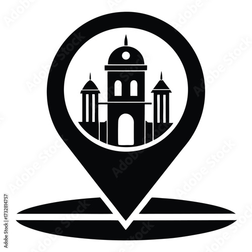 Solid black location pin displays a building with a central dome in its center
