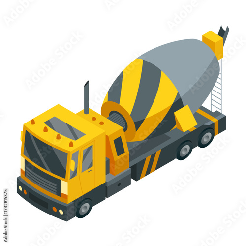 Yellow and Gray Concrete Mixer Truck illustrated beautifully in Isometric Design style