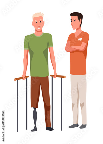 Therapist helping patient during physio therapy and rehabilitation. Physiotherapy treatment for man with physical disabilities. Flat graphic vector illustration isolated on white background