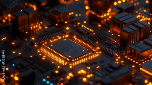 Close-up view of illuminated circuit board components.  Intricate network of dark, black circuit traces  