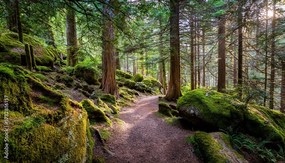 Obraz premium A Forest Path Winding Through Dense Trees With Moss Covered Rocks On Either Side