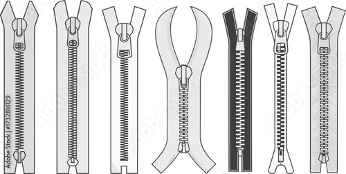 Set of various zipper vector illustrations with open and closed styles, realistic pull tabs, metal teeth, textile fabric design, fashion garment sewing accessories collection