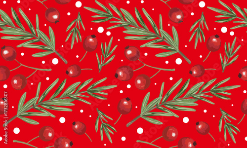 seamless christmas winter new year festive pattern with rosemary branches red berries holly cranberries snow dots bright repeat background wallpaper