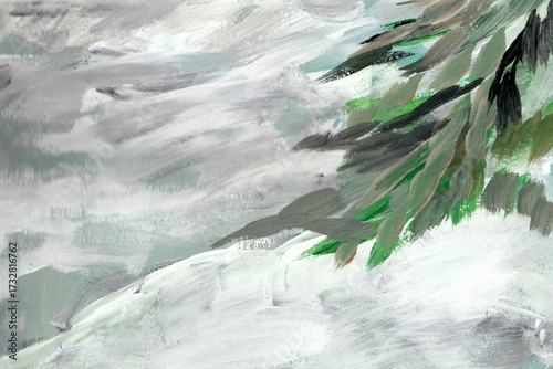 Winter landscape with spruce, gouache. Hand painted backdrop.