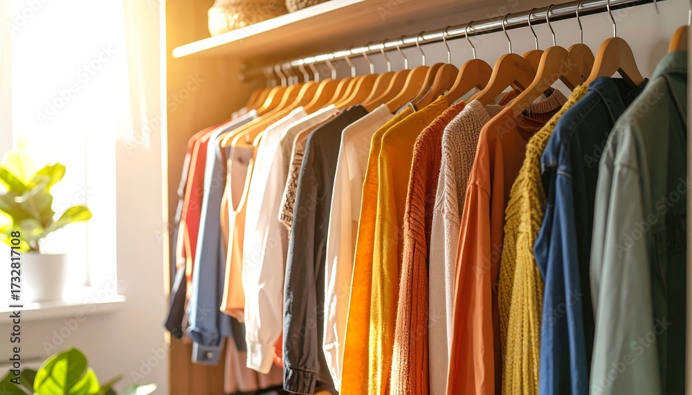 Fototapeta premium Clothing Hanging in a Closet with Natural Light