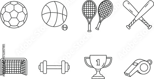Sports and fitness icon set with soccer ball, basketball, tennis rackets, baseball bats, goal net, dumbbell, trophy, and referee whistle.