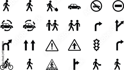 Traffic and pedestrian symbol icon set including cars, road signs, walking people, arrows, roundabout, stop sign, traffic lights, cycling, caution triangle, vector silhouette