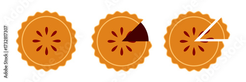 Pie icon flat cartoon style. Abstract cherry, apple, pumpkin cake, simple geometric shapes, bakery concept. Vector minimal illustration on white background