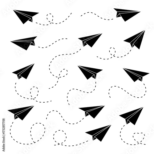Black silhouette paper airplanes with dashed flight paths. Minimal vector pattern of motion and direction