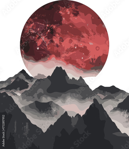 A surreal artwork depicts dark misty mountains beneath a massive red celestial body glowing in the sky.