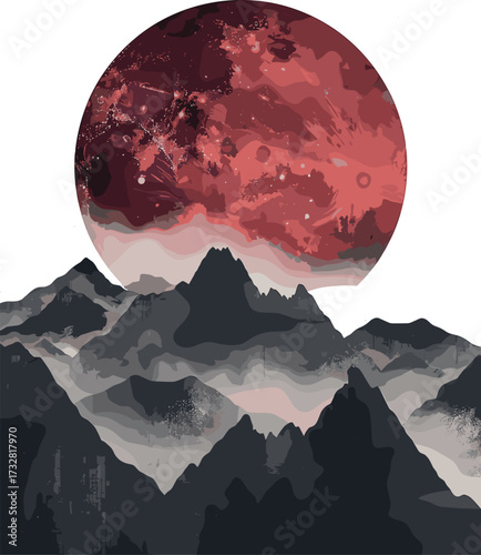 A surreal artwork depicts dark misty mountains beneath a massive red celestial body glowing in the sky.