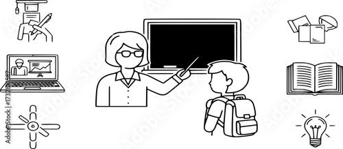 Teacher and Student icon. online presentation, reading, and learning icon vector