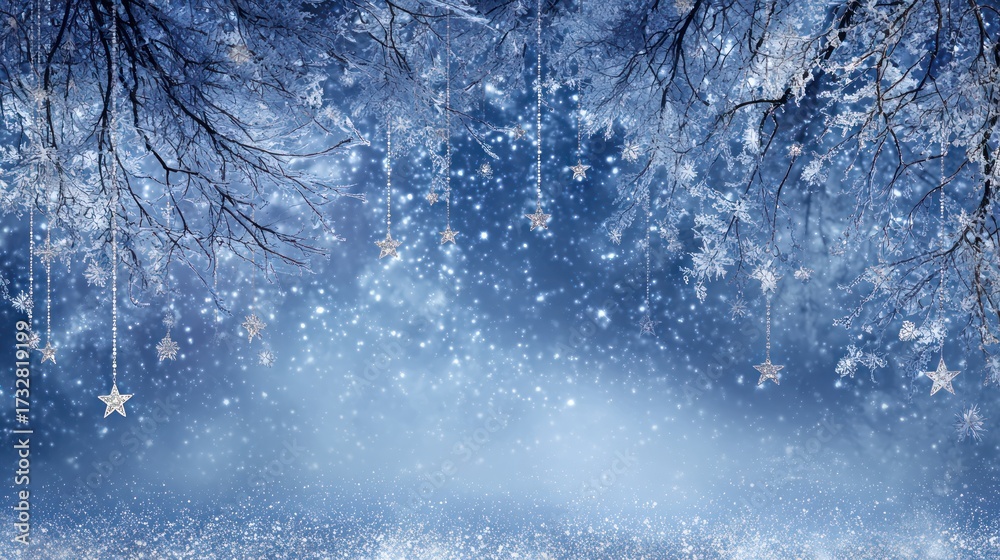Fototapeta premium Winter scene background with snow falling and starry decorations