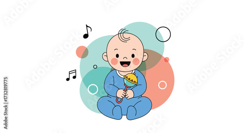 A happy baby boy sitting and playing with a toy.