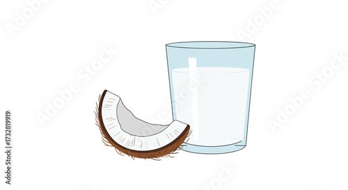 A refreshing glass of coconut milk next to a slice of coconut.
