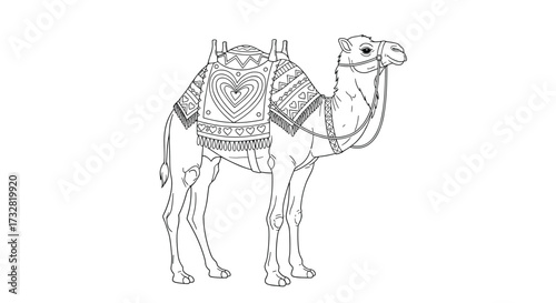 A detailed black and white line drawing of a dromedary camel carrying a patterned saddle.