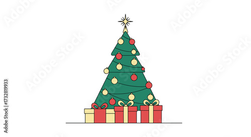 A decorated christmas tree with gifts underneath.