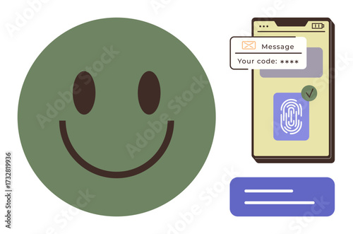 Green smiling face beside smartphone with fingerprint scanner, message notification, and code verification. Ideal for security, technology, authentication, user experience, happiness, privacy