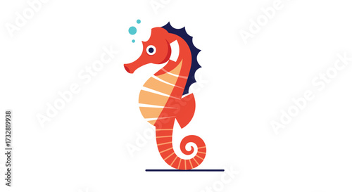 A bright orange seahorse with bubbles rising from it floats.